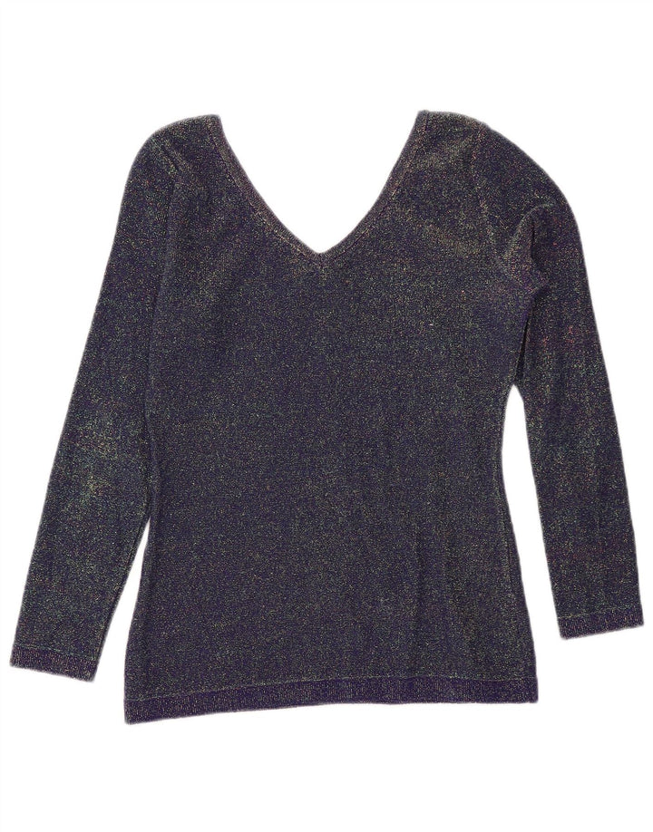 BENETTON Dame Crop V-hals sweater UK 10 Small Navy Blue Flecked