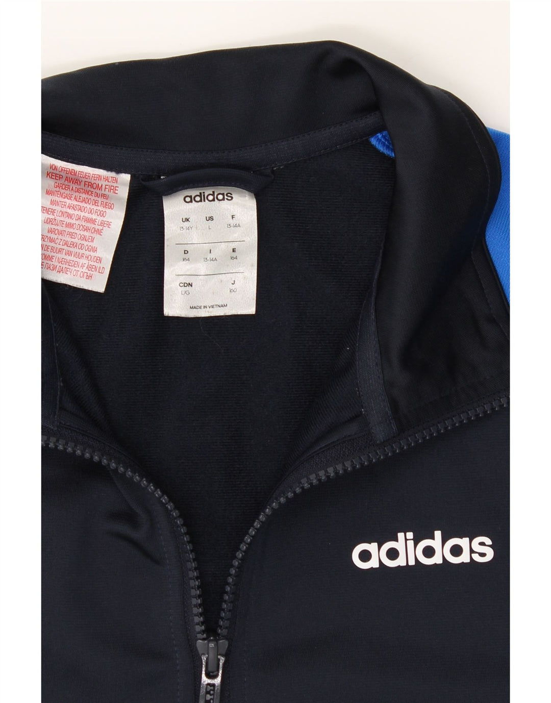 ADIDAS Boys Tracksuit Top Jacket 13-14 Years Navy Blue Colourblock Vintage Adidas and Second-Hand Adidas from Messina Hembry 