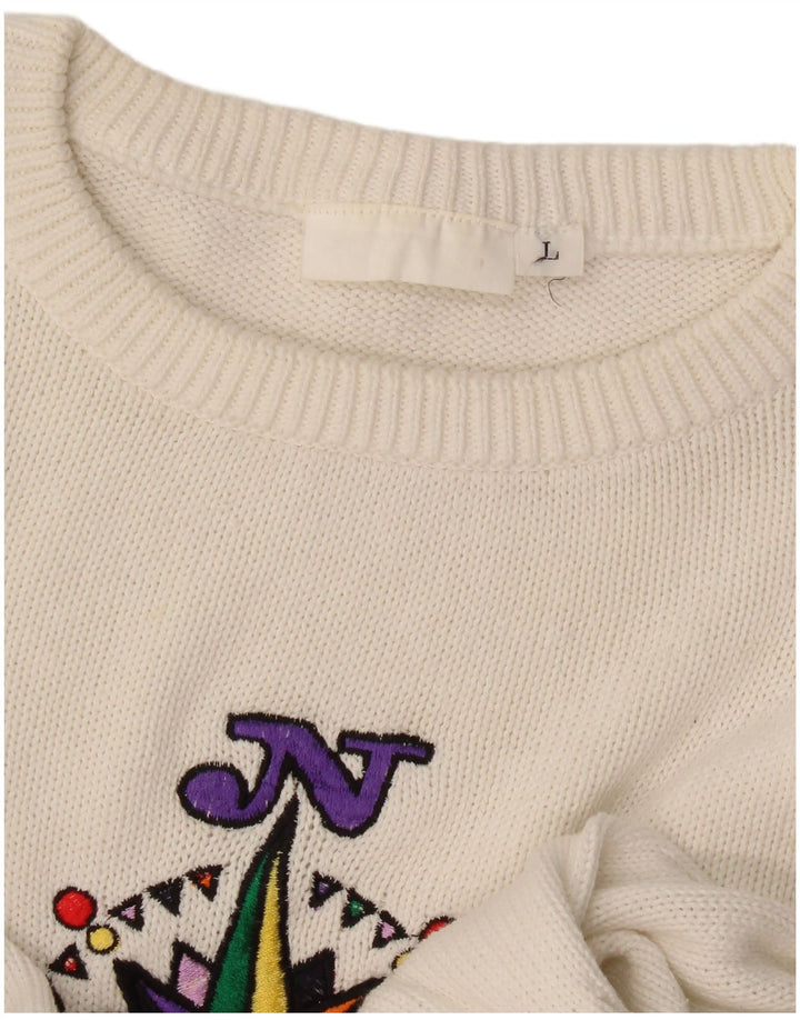 Vintage Kvinders Grafisk Oversized Crew Neck Jumper Sweater UK 16 Large White