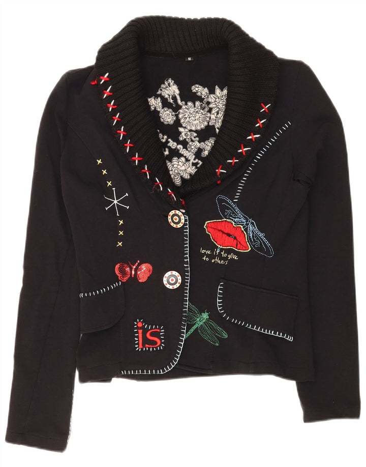 Vintage dame grafisk 2-knaps blazerjakke UK 12 Medium Black Floral