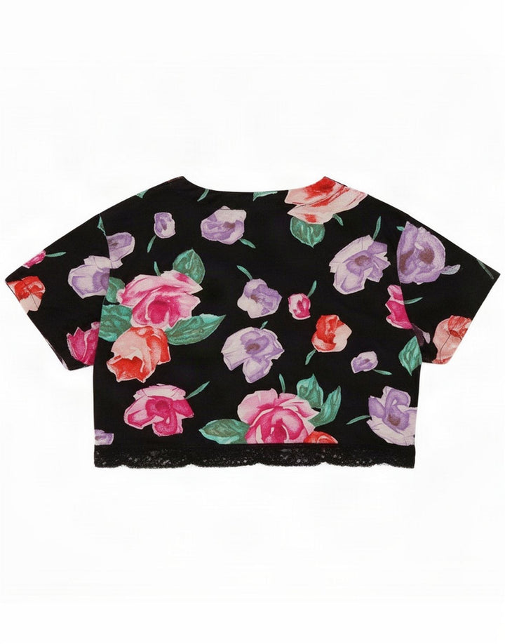 Vintage Womens Crop Top IT 44 Medium Black Floral Cotton