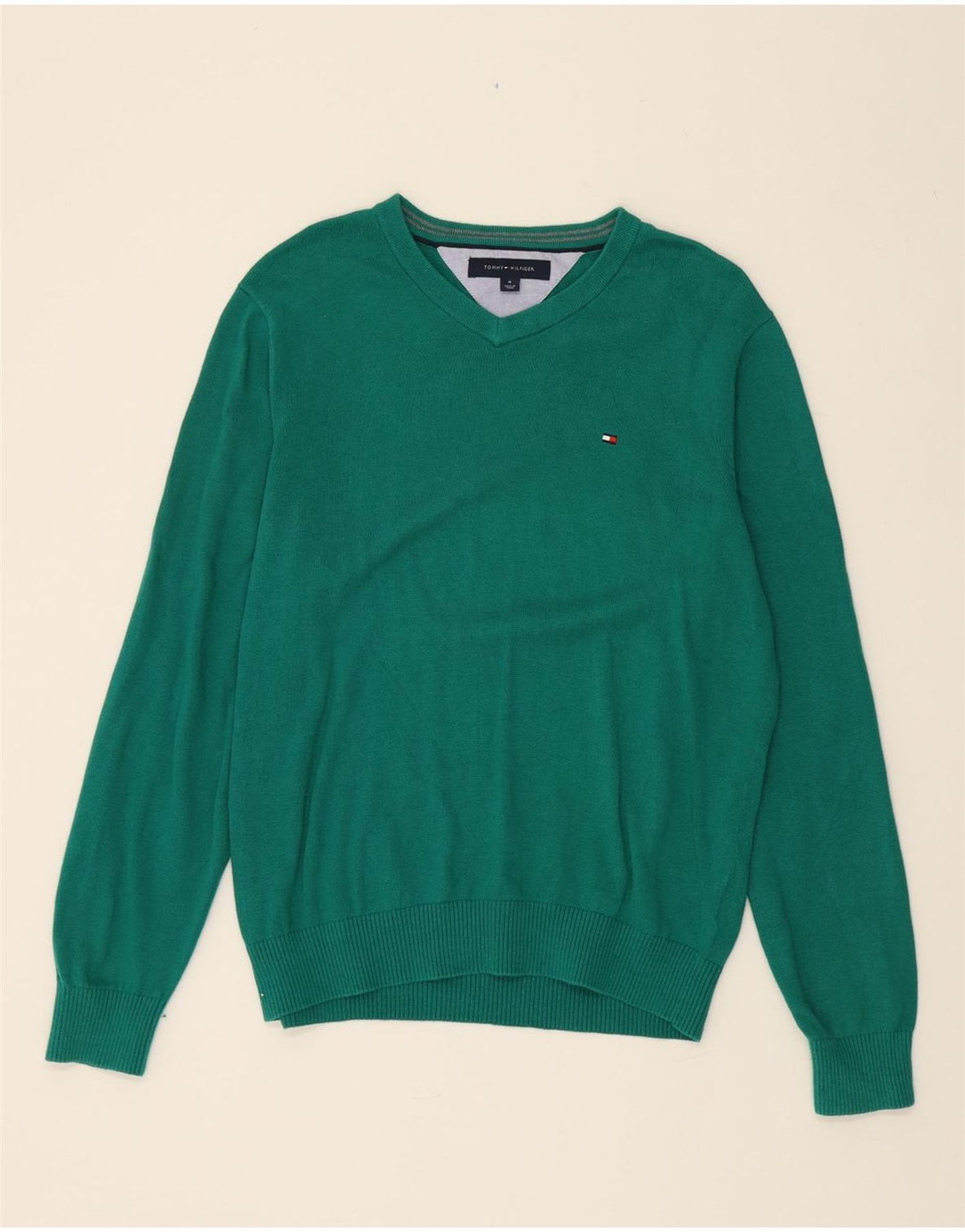 TOMMY HILFIGER Mens V-Neck Jumper Sweater Medium Green Cotton Vintage Tommy Hilfiger and Second-Hand Tommy Hilfiger from Messina Hembry 
