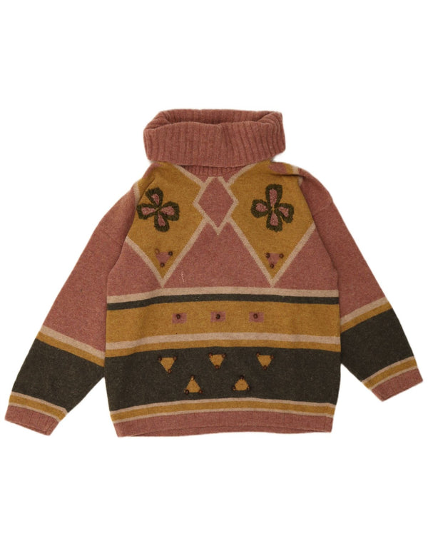 Ricamo A Mano Dame Roll Neck Jumper Sweater UK 14 Large Pink Geometric