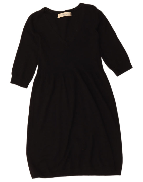 Zara Dame 3/4-ærmet Jumper Kjole UK 12 Medium Sort Viscose