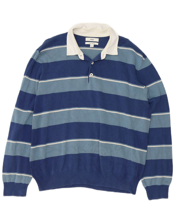 Marks & Spencer Mens Polo Neck Jumper Sweater XL Blue Striped Cotton