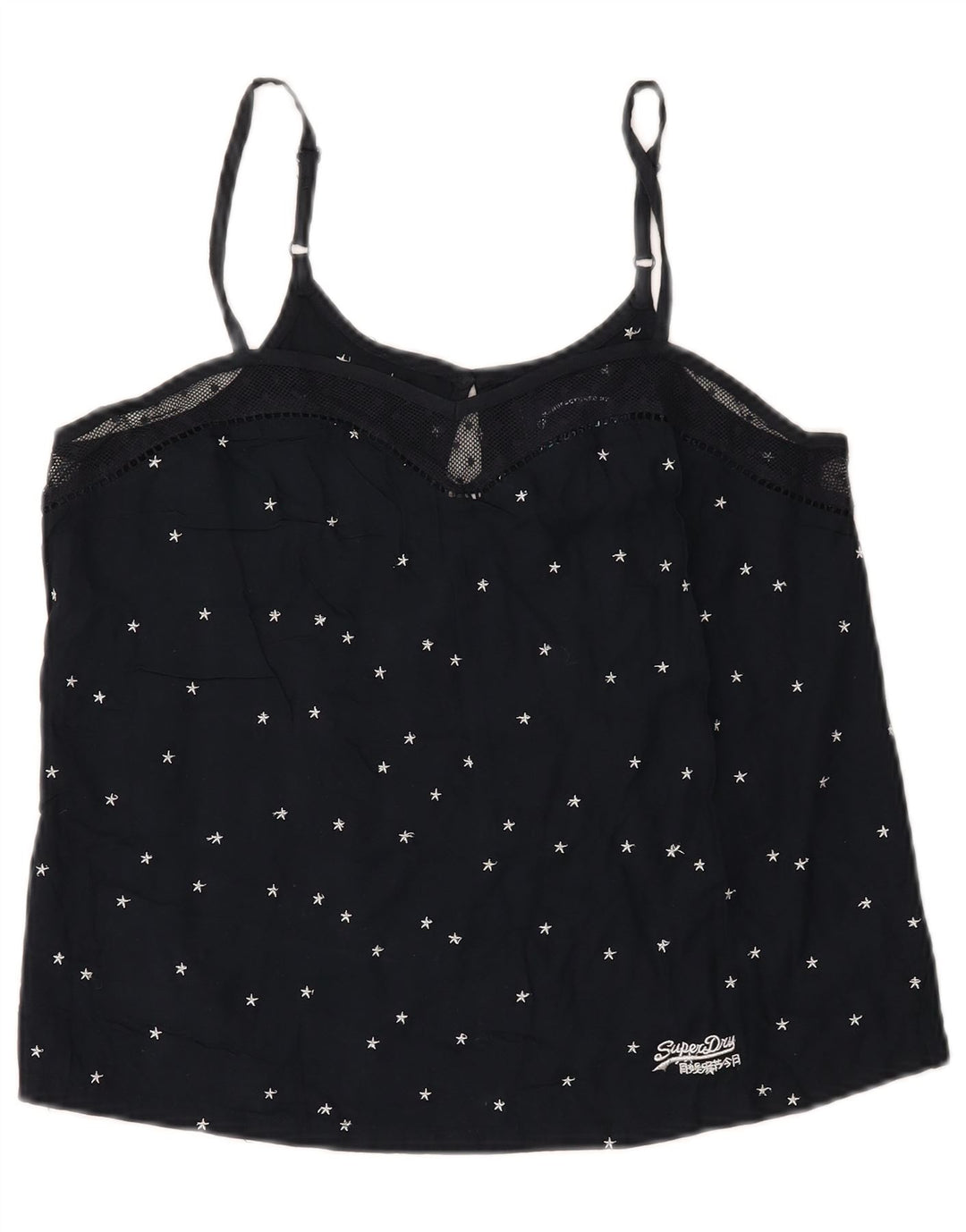 Superdry Dame abstrakt mønster Crop Cami Top UK 12 Medium Navy Blue
