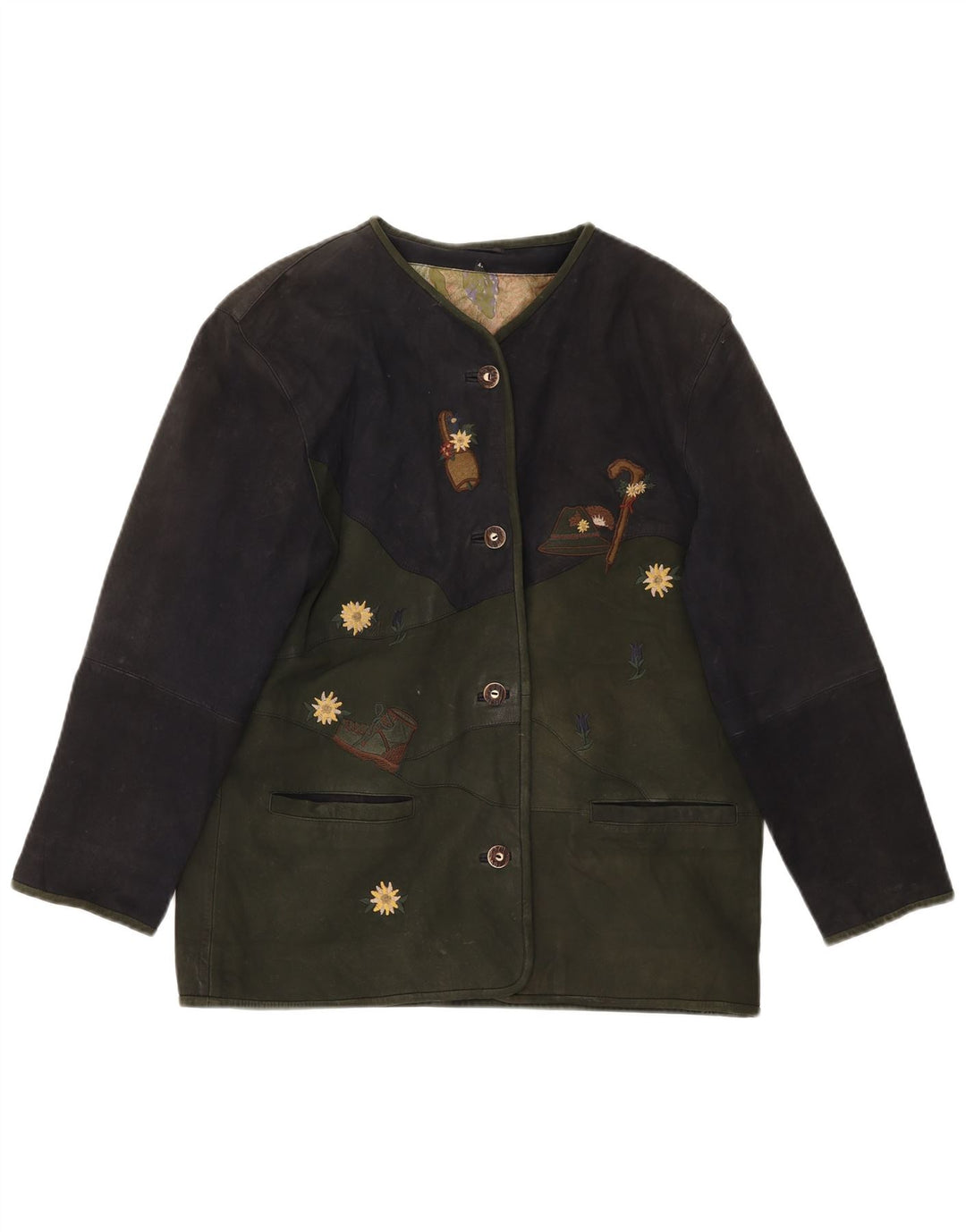 Vintage kvinders grafisk læderjakke EU 42 Large Green Colourblock læder