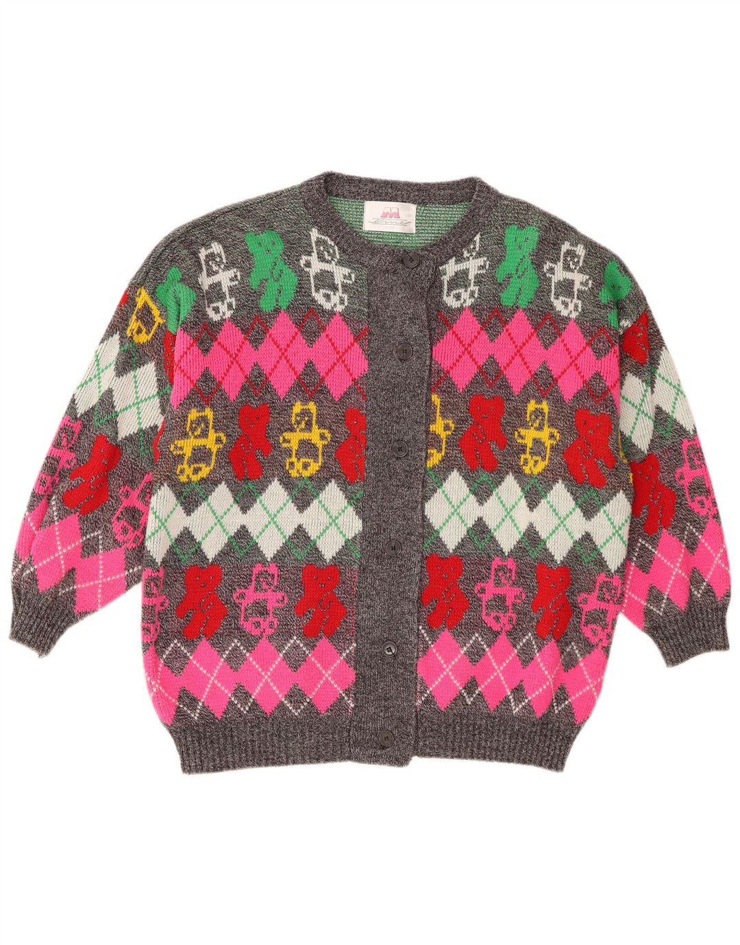 Vintage dame cardigan sweater IT 50/52 XL flerfarvet Argyle/Diamant