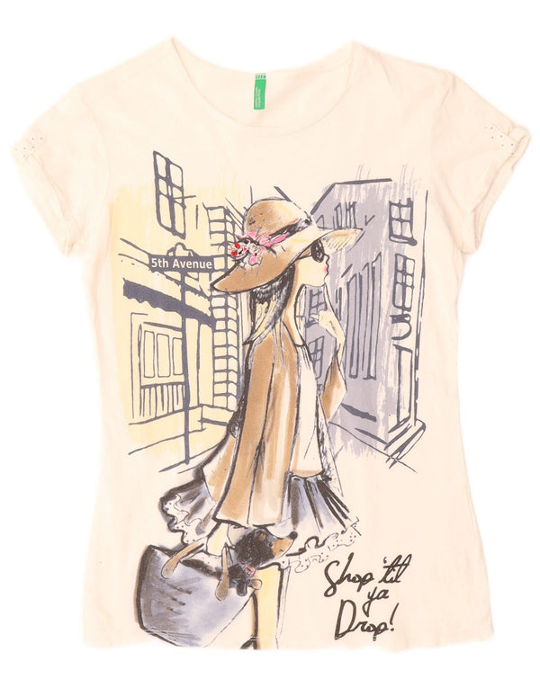 BENETTON Piger Grafisk T-Shirt Top 11-12 År 2XL Hvid Bomuld