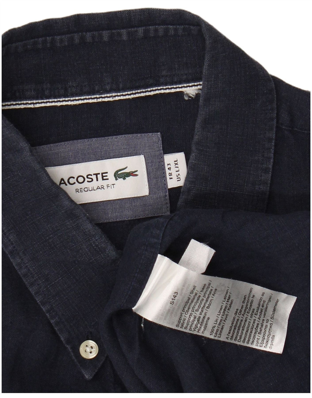 LACOSTE Herre Regular Fit skjorte str. 43 Large Navy Blue Linen