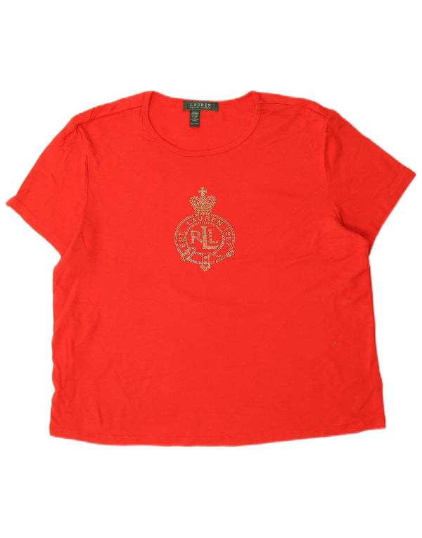 RALPH LAUREN Dame Grafisk T-Shirt Top UK 16 Stor Rød Bomuld