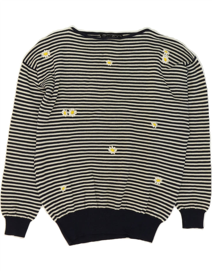 VINTAGE Womens Boat Neck Jumper Sweater IT 44 Medium Black Pinstripe Wool Vintage Vintage and Second-Hand Vintage from Messina Hembry 