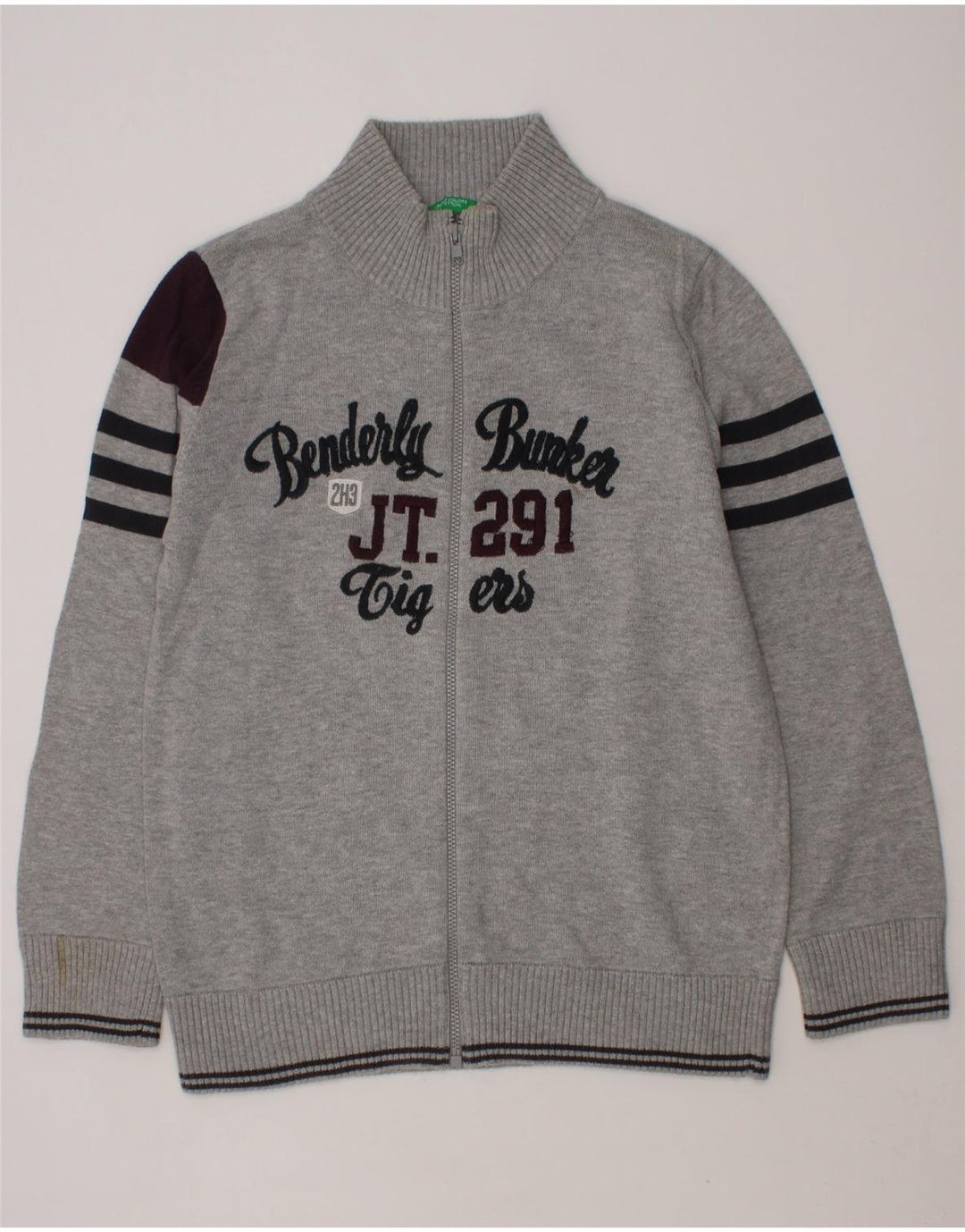 BENETTON Boys Graphic Cardigan Sweater 9-10 Years Grey Vintage Benetton and Second-Hand Benetton from Messina Hembry 