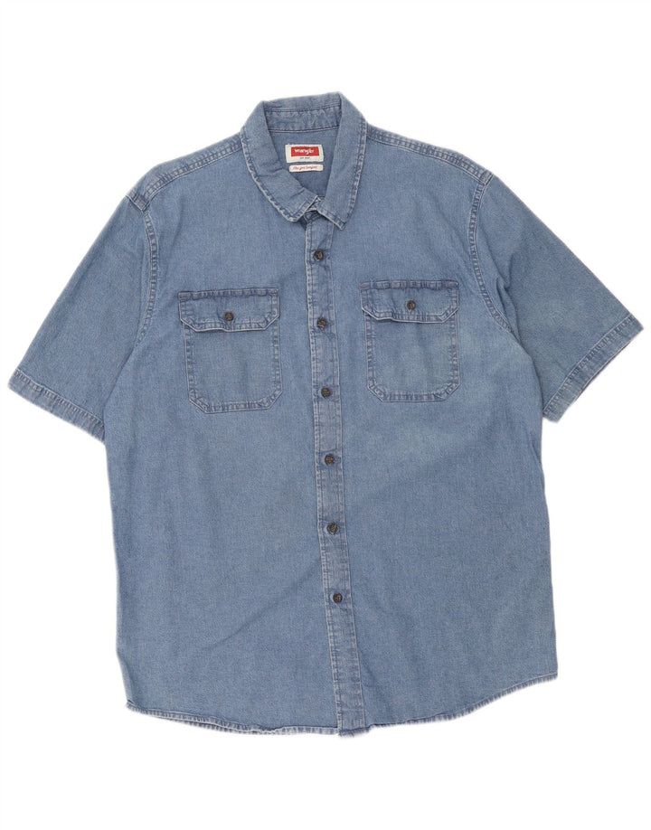 Wrangler kortærmet denimskjorte til mænd, stor blå bomuld