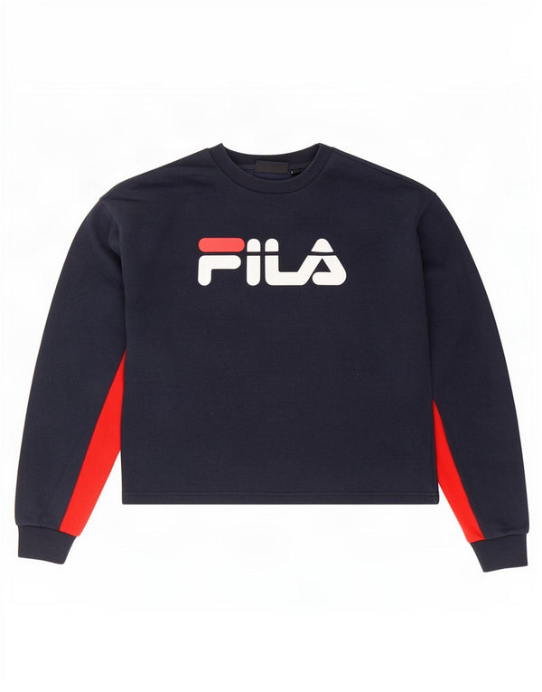 Fila Womens Crop Sweatshirt Jumper UK 14 Medium Navy Blue Colourblock