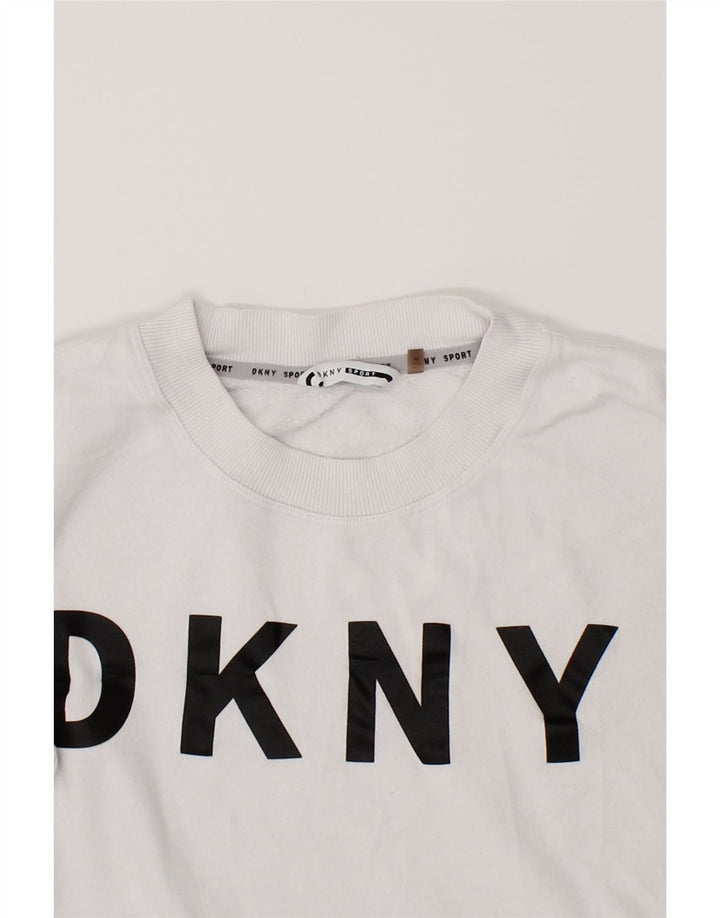 DKNY Womens Oversized Graphic Sweatshirt Jumper UK 14 Medium White Cotton Vintage Dkny and Second-Hand Dkny from Messina Hembry 