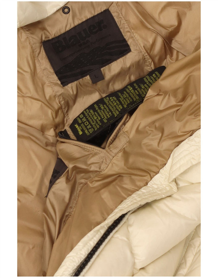 Blauer Polstret frakke med hætte til kvinder UK 16 Stor hvid polyamid