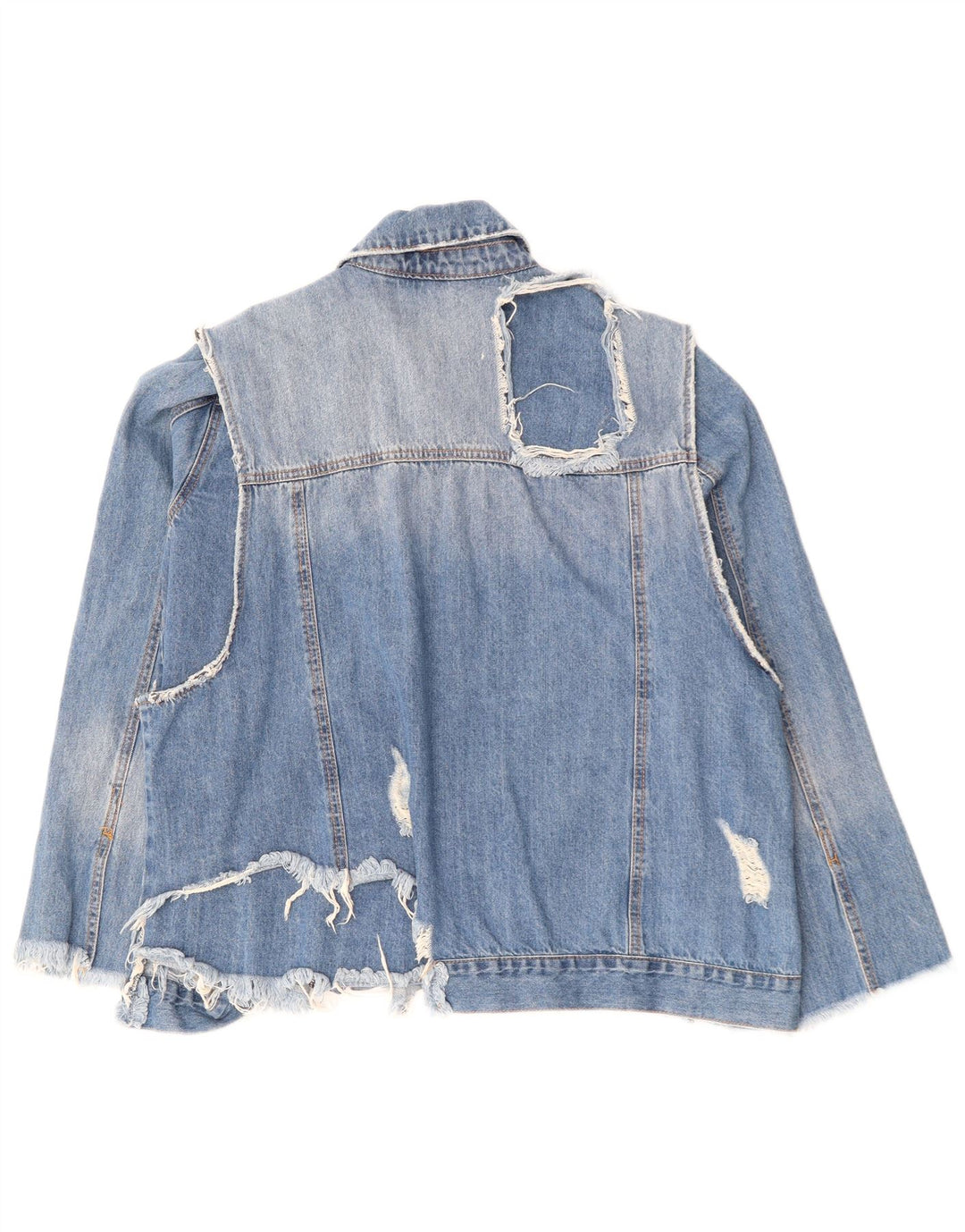 ZARA Dame Distressed Denim Jacket UK 16 Large Blue Cotton