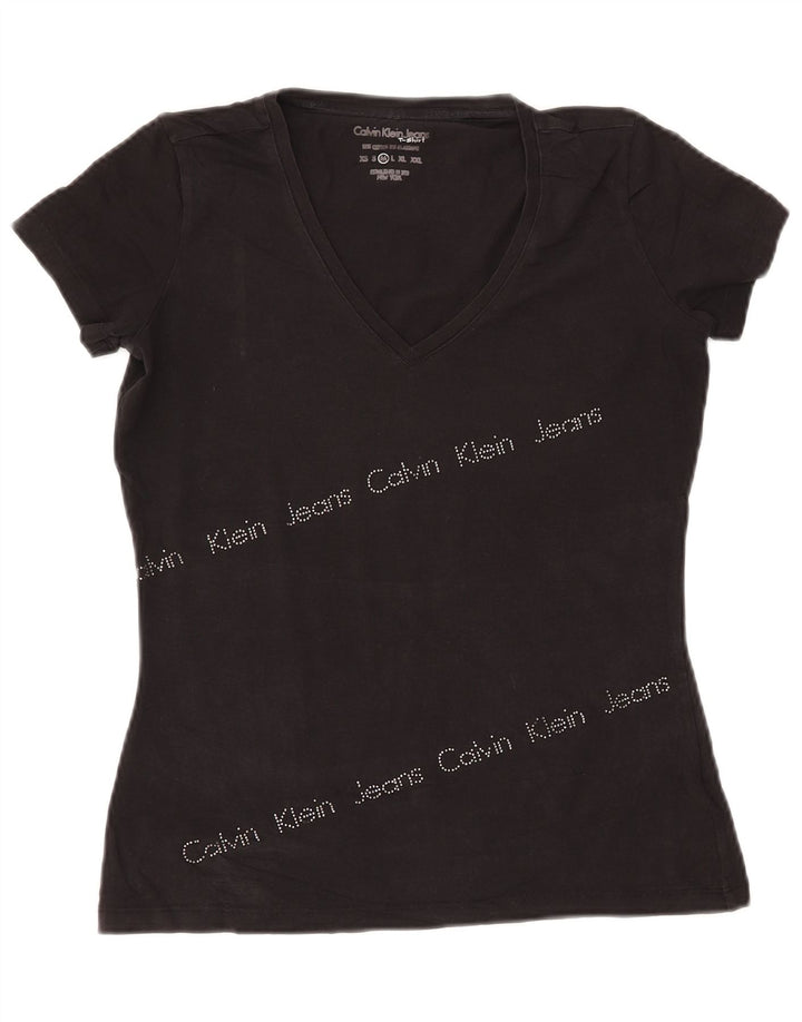 CALVIN KLEIN JEANS Grafisk T-shirt top til kvinder UK 12 Medium Sort