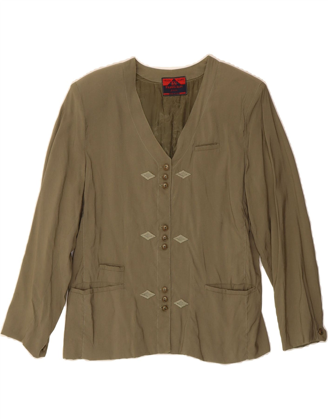 FILIPPO ALPI Womens 3/4 Sleeve Blazer Jacket UK 14 Medium Khaki Viscose Vintage Filippo Alpi and Second-Hand Filippo Alpi from Messina Hembry 
