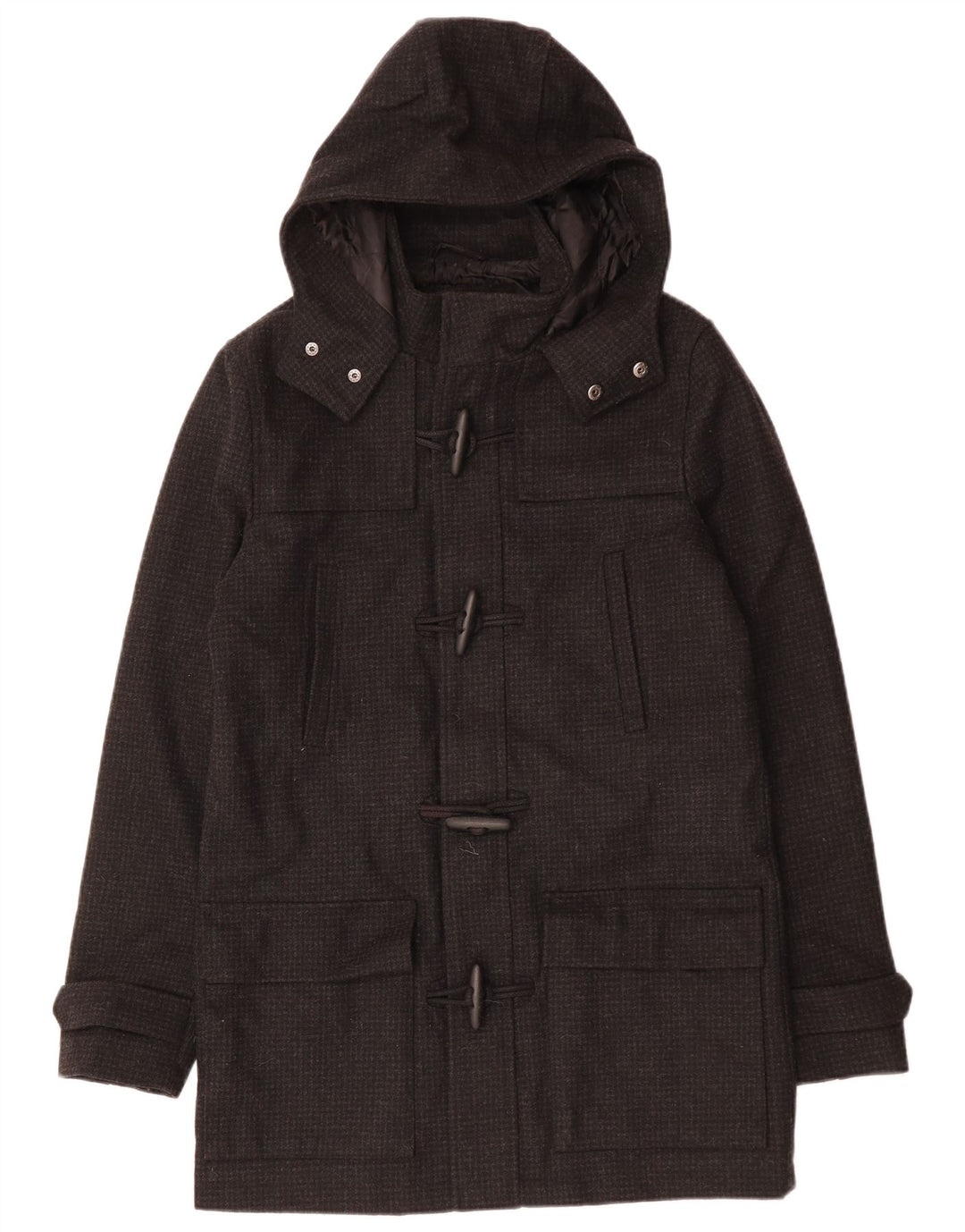 VINTAGE Herre Hooded Duffle Coat UK 38 Medium Black Houndstooth