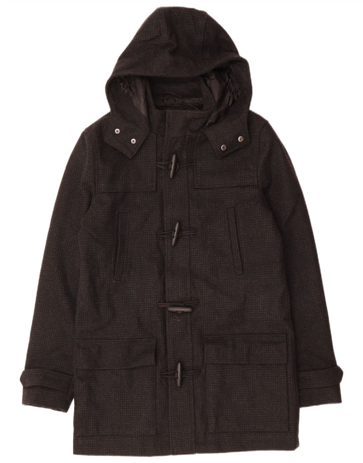 VINTAGE Herre Hooded Duffle Coat UK 38 Medium Black Houndstooth