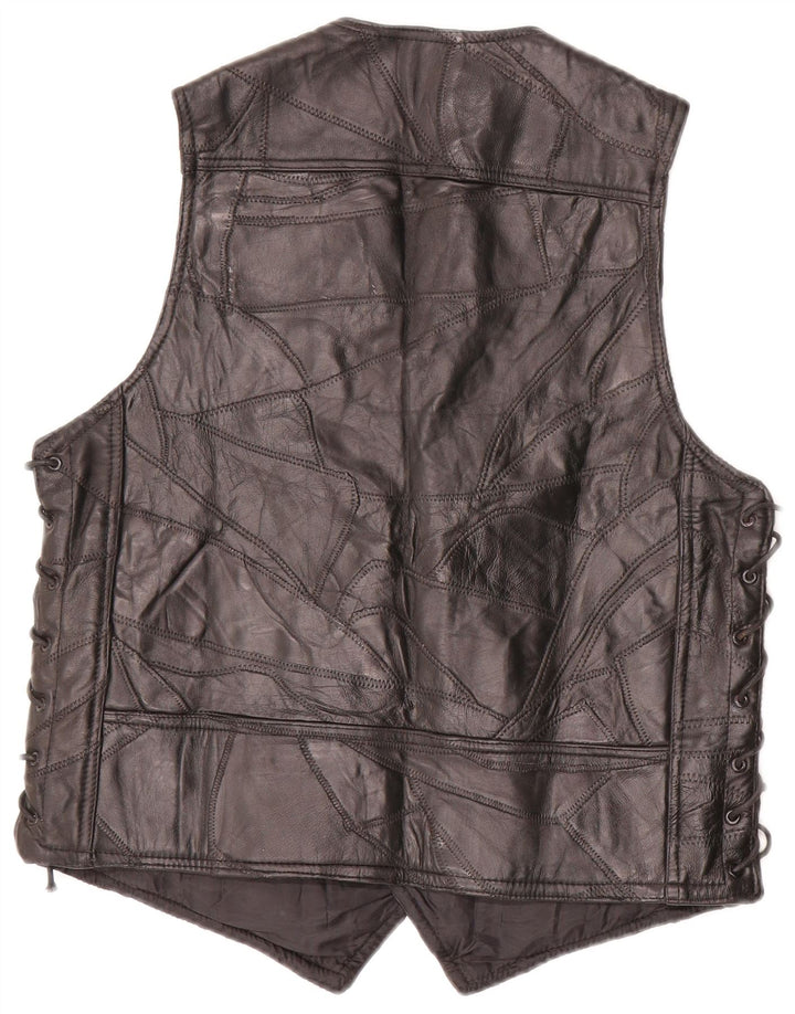 Vintage Herre Motorstyle Lædervest Medium Sort Patchwork