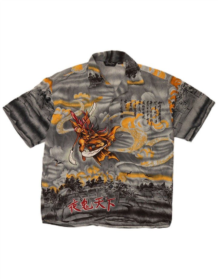 VINTAGE Herre grafisk kortærmet skjorte mellemgrå silke