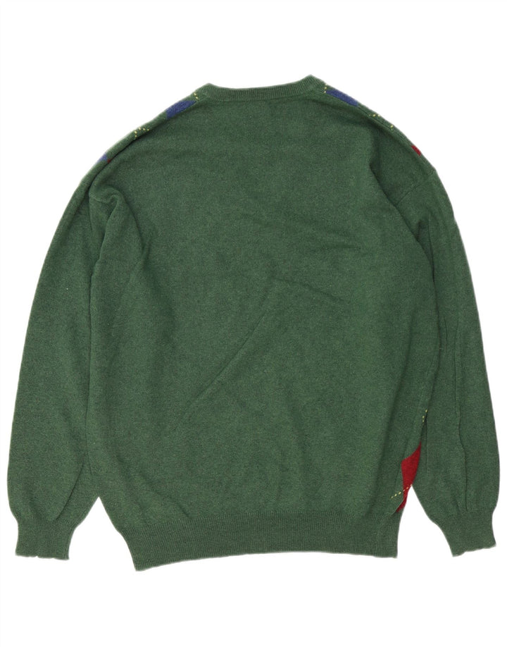 BENETTON Herre V-hals sweater Medium Green Argyle/Diamond Wool