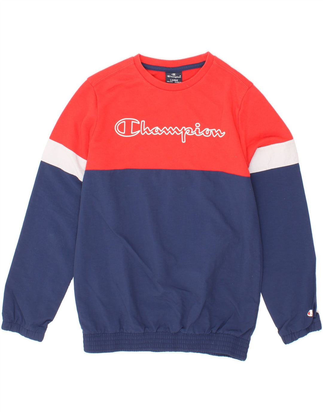 CHAMPION Boys Sweatshirt Jumper 11-12 Years Large Navy Blue Colourblock Vintage Champion and Second-Hand Champion from Messina Hembry 