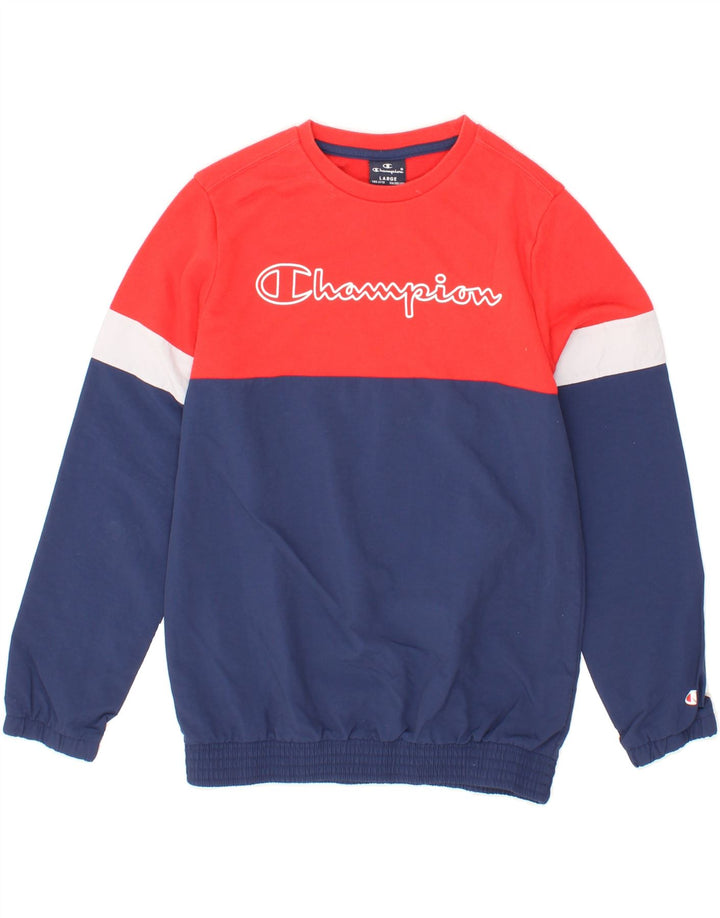 CHAMPION Boys Sweatshirt Jumper 11-12 Years Large Navy Blue Colourblock Vintage Champion and Second-Hand Champion from Messina Hembry 