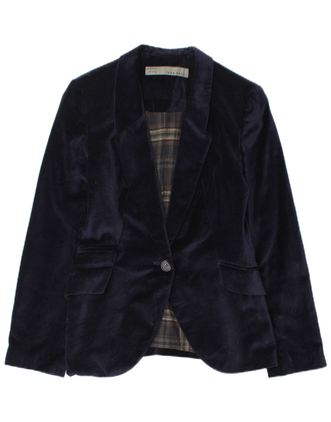 Zara Dame 1 Knap Velvet Blazer Jacket UK 8 Small Navy Blue Bomuld