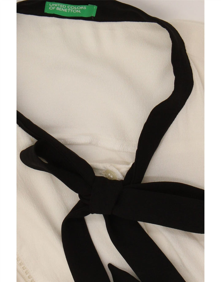 BENETTON Bluse med sløjfeskjorte til kvinder UK 16 Stor hvid Colourblock Viscose