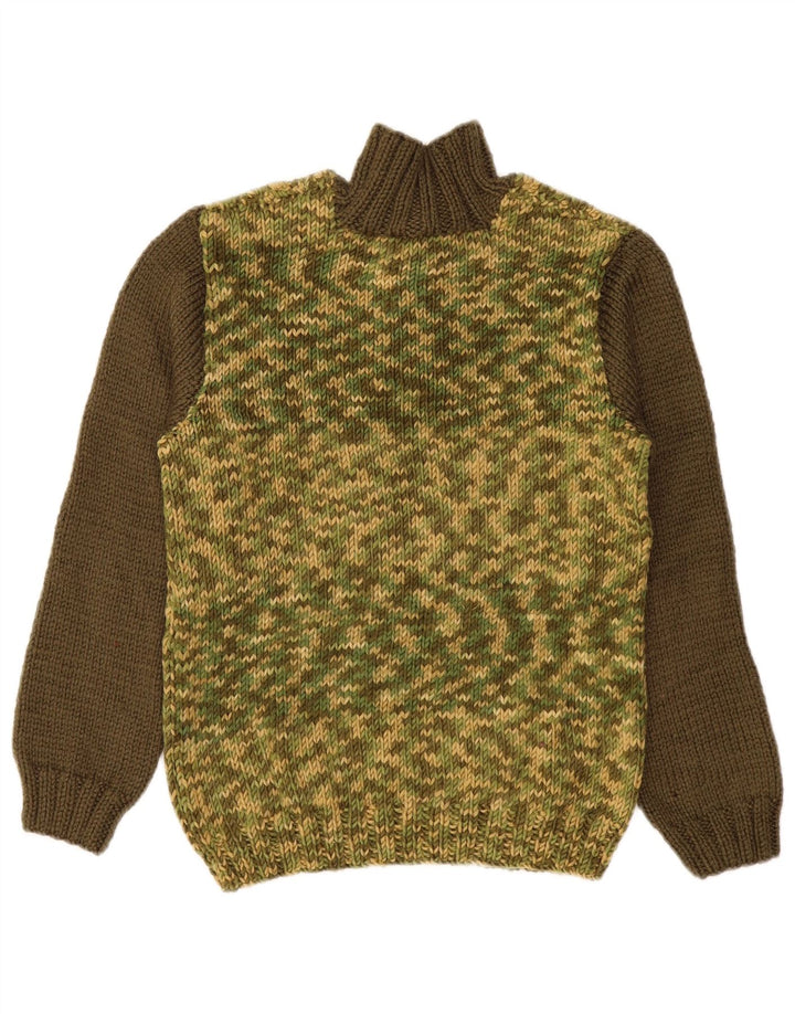 Vintage Dame Button Neck Jumper Sweater UK 14 Medium Khaki Colourblock