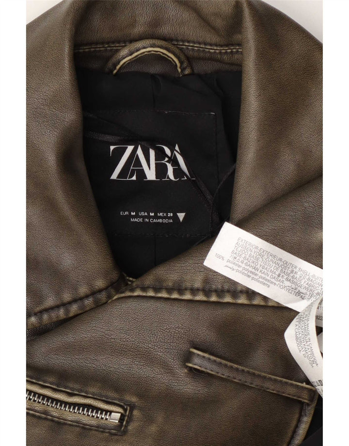 Zara Womens Crop Biker-jakke i imiteret læder UK 14 Medium Khaki Polyester