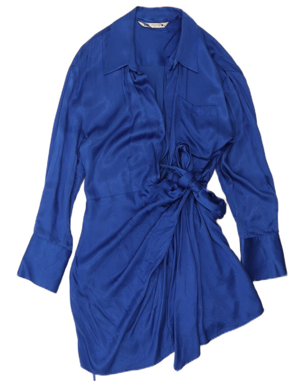 Zara langærmet slå-om-kjole til kvinder UK 14 Medium Blue Viscose