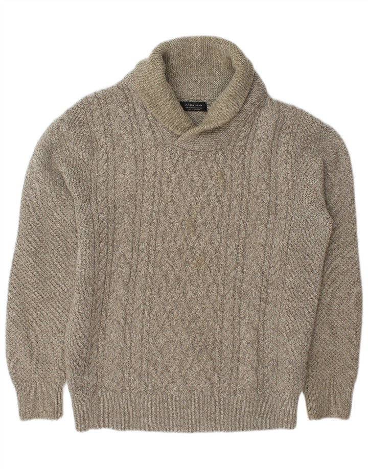 Zara Herre Sjal Hals Jumper Sweater Medium Beige Flecked Acryl