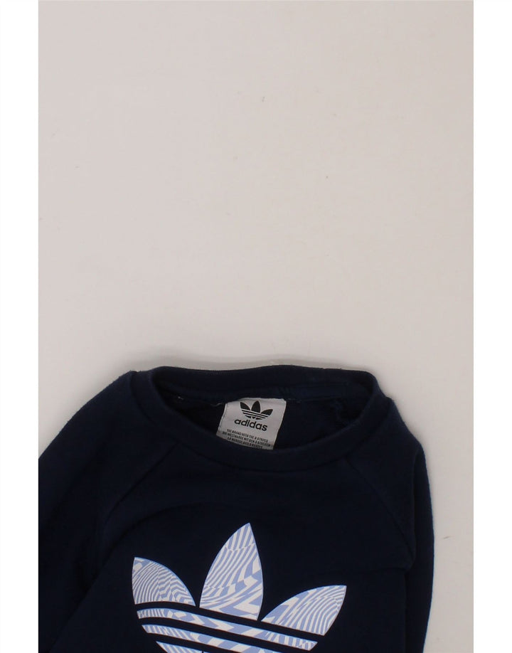 ADIDAS Boys Graphic Sweatshirt Jumper 2-3 Years Navy Blue Cotton Vintage Adidas and Second-Hand Adidas from Messina Hembry 