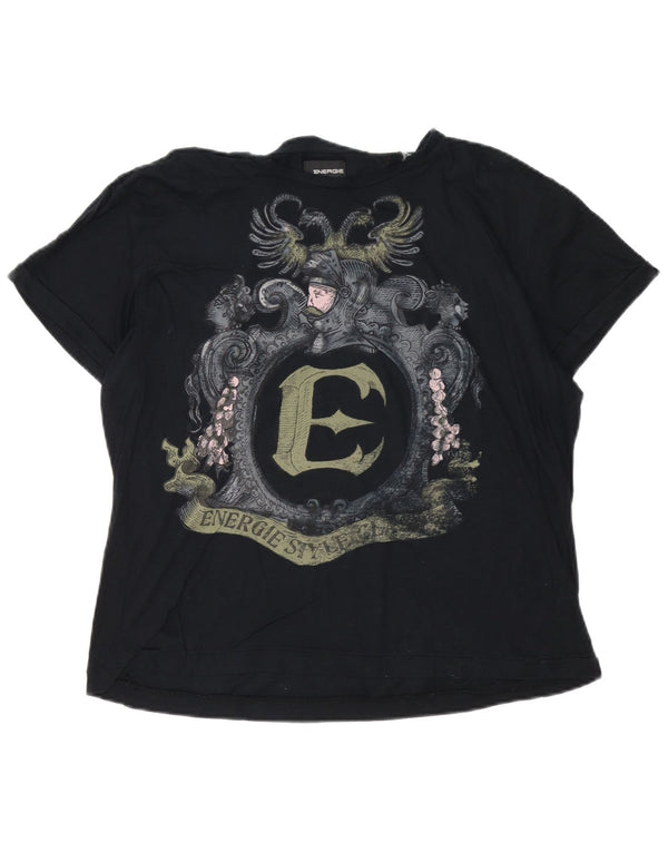 Energie Dame Grafisk T-Shirt Top UK 18 XL Sort Bomuld