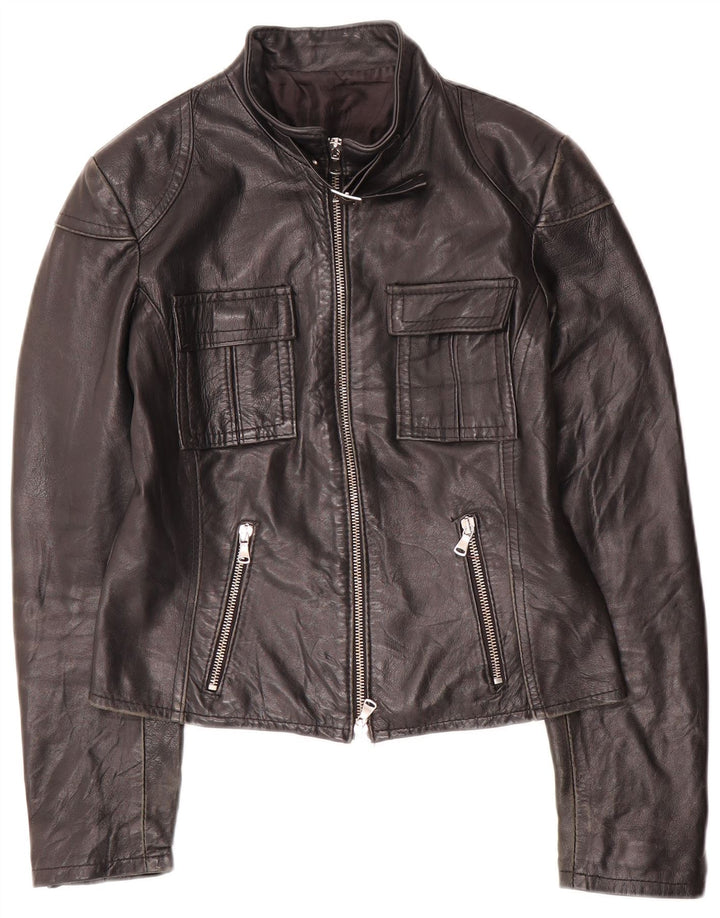 Vintage Dame Crop Læder Racer Jacket UK 10 Lille sort læder