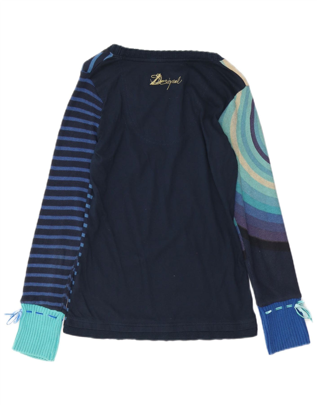 DESIGUAL Dame Grafisk Top Langærmet UK 12 Mellem blå stribet bomuld