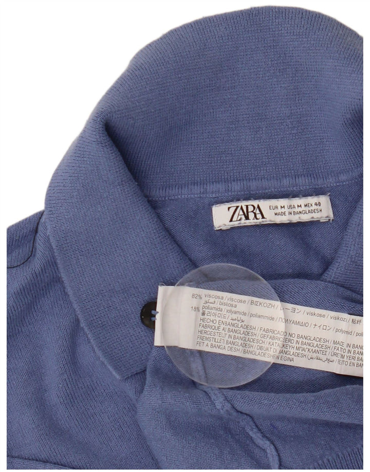 Zara Herre Kortærmet Polo Neck Jumper Sweater Medium Blue Viscose