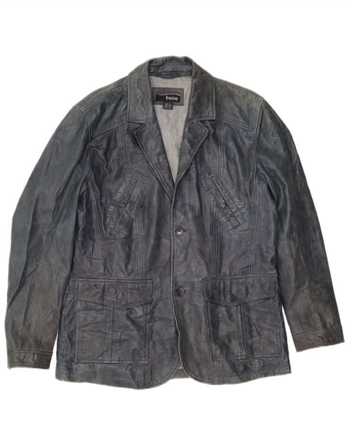 Heine Herre 2-knap Læder Blazer Jacket UK 42 XL Navy Blue Læder