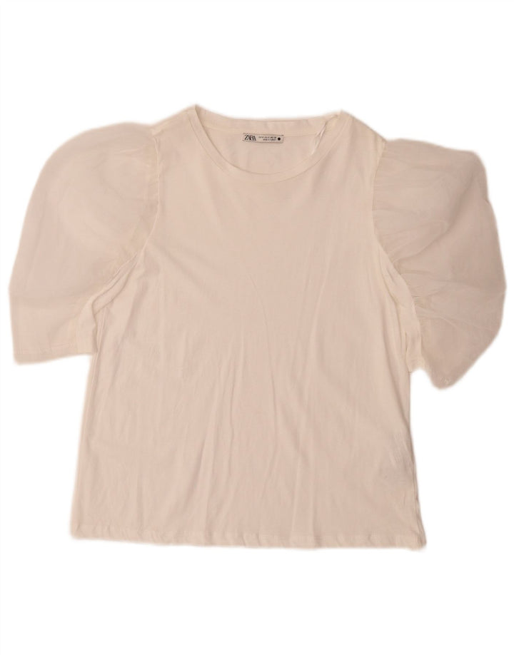 Zara Dame Bluse Top UK 10 Lille Hvid Bomuld