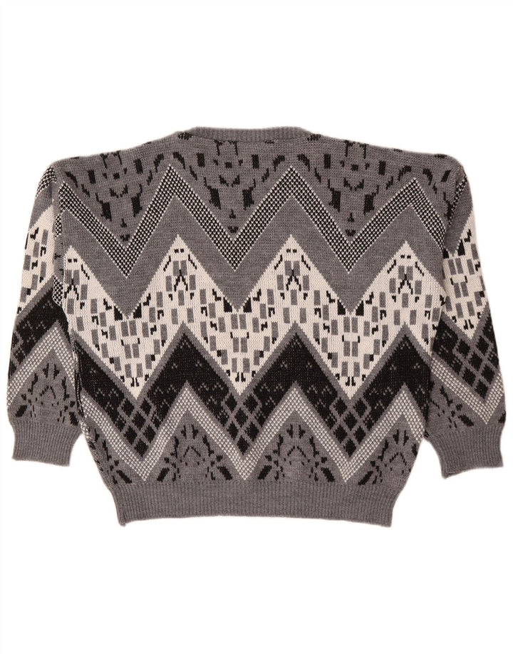 Vintage Herre Boat Neck Jumper Sweater Stor Grå Chevron Akryl