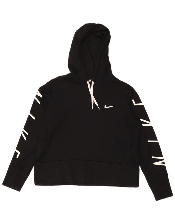 NIKE Dame Crop Graphic Hoodie Jumper UK 14 Medium Black Polyester