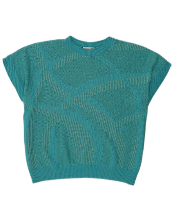 Vintage kvinders kortærmet strikbluse Top IT 46 Stor turkis geometrisk