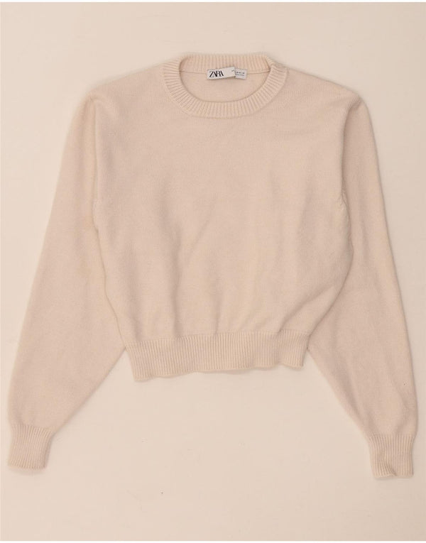 Zara Womens Crop Crew Neck Jumper Sweater UK 14 Medium Beige Viscose
