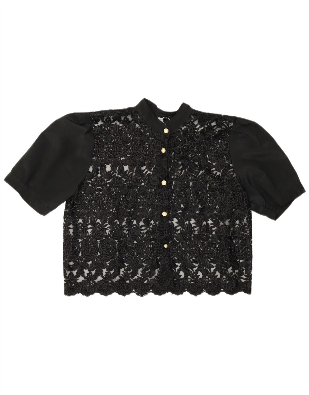 Vintage Dame Crop Se Gennem Shirt Bluse UK 14 Medium Black Floral