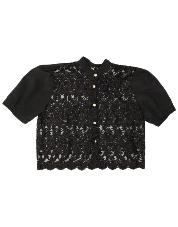 Vintage Dame Crop Se Gennem Shirt Bluse UK 14 Medium Black Floral